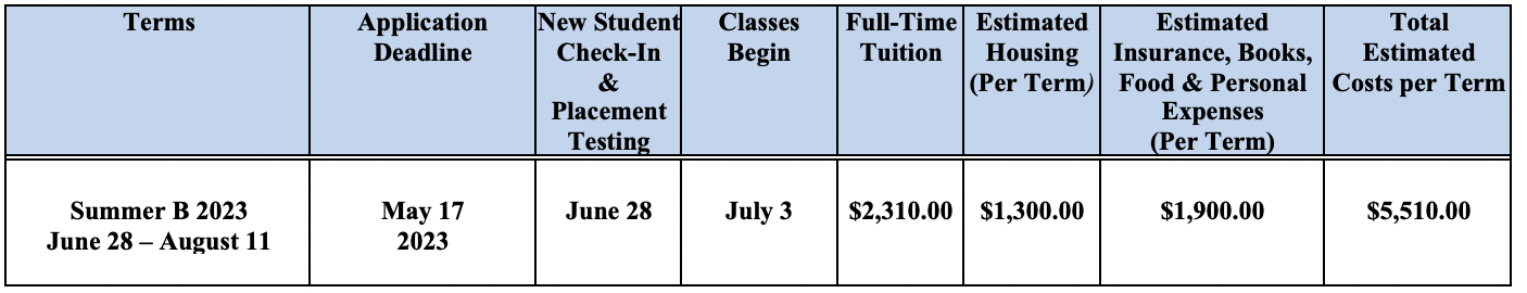 Calendar & Fees – English Language Institute