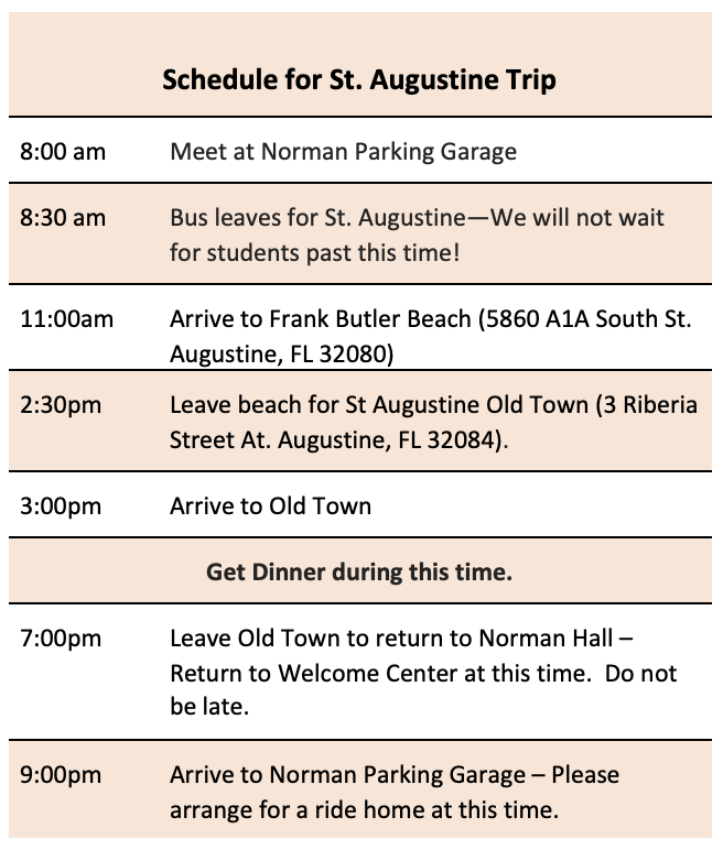 Schedule for St. Augustine Trip