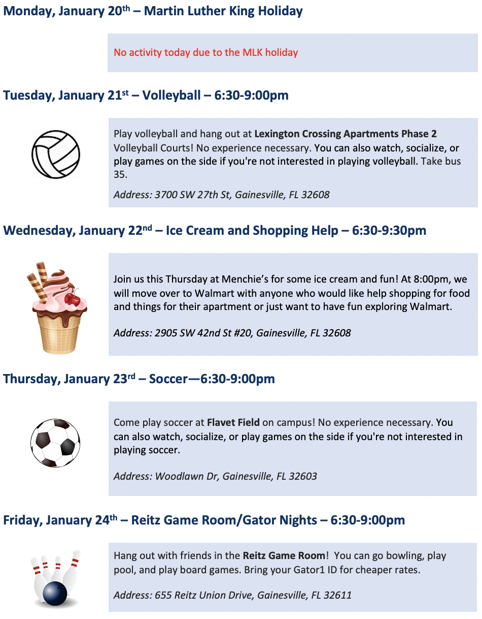 List of the CIP activities for the week of January 20-24.