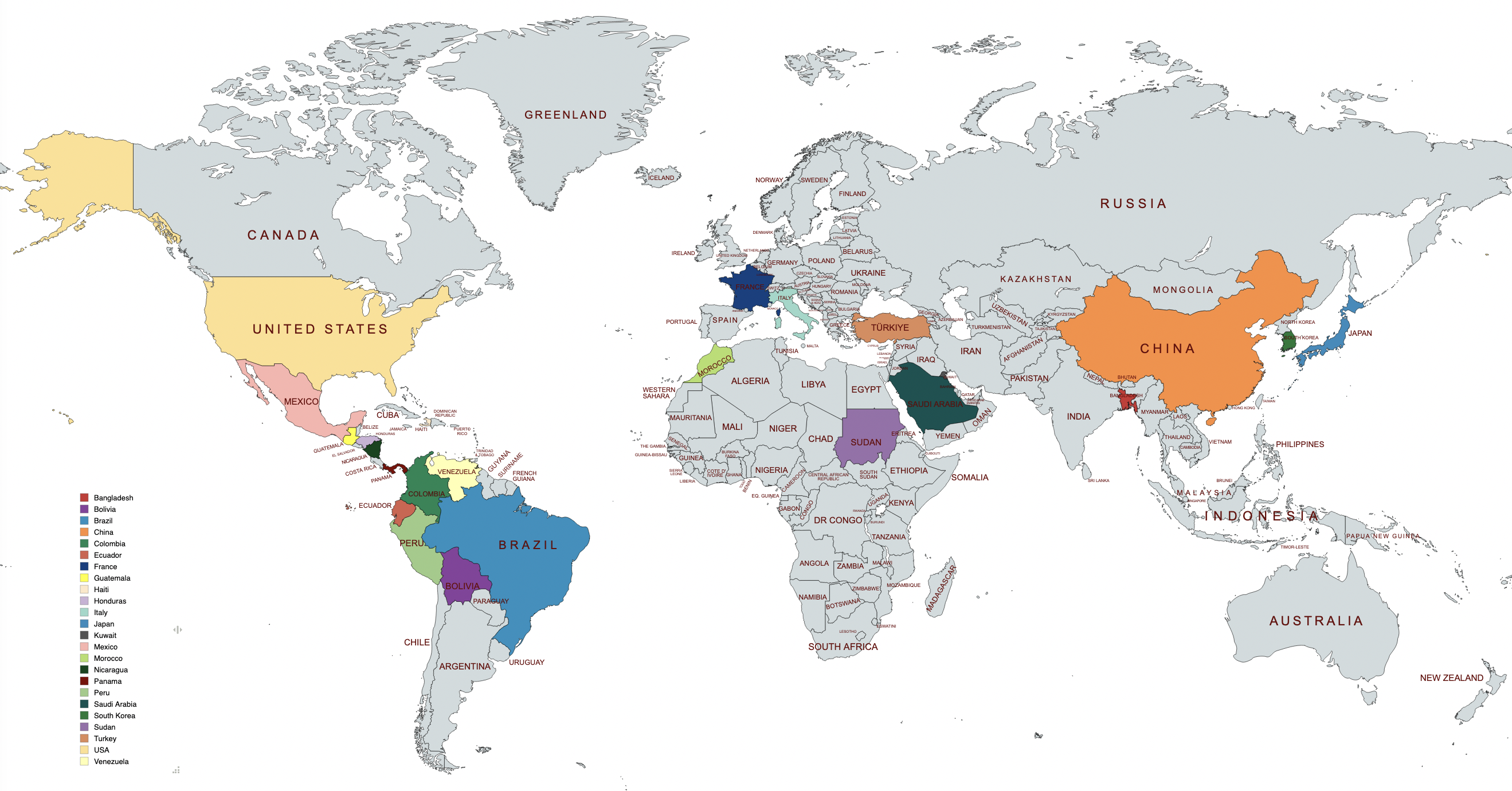 World map with the ELI students' countries marked