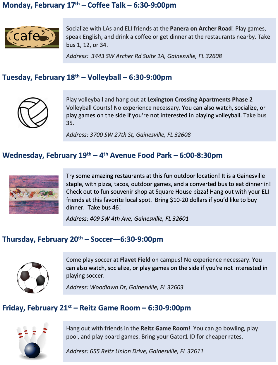 List of CIP weekly activities