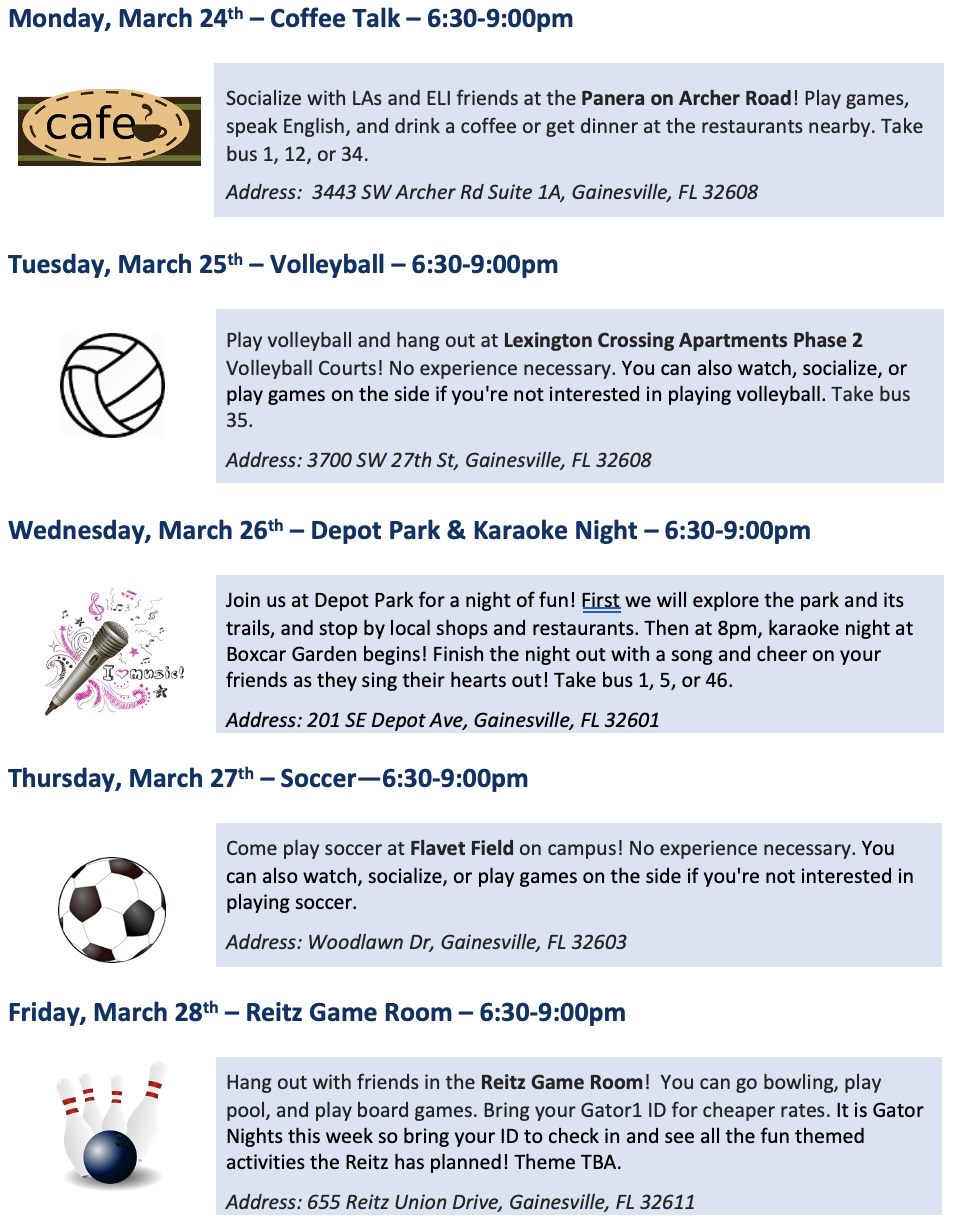 List of the weekday activities