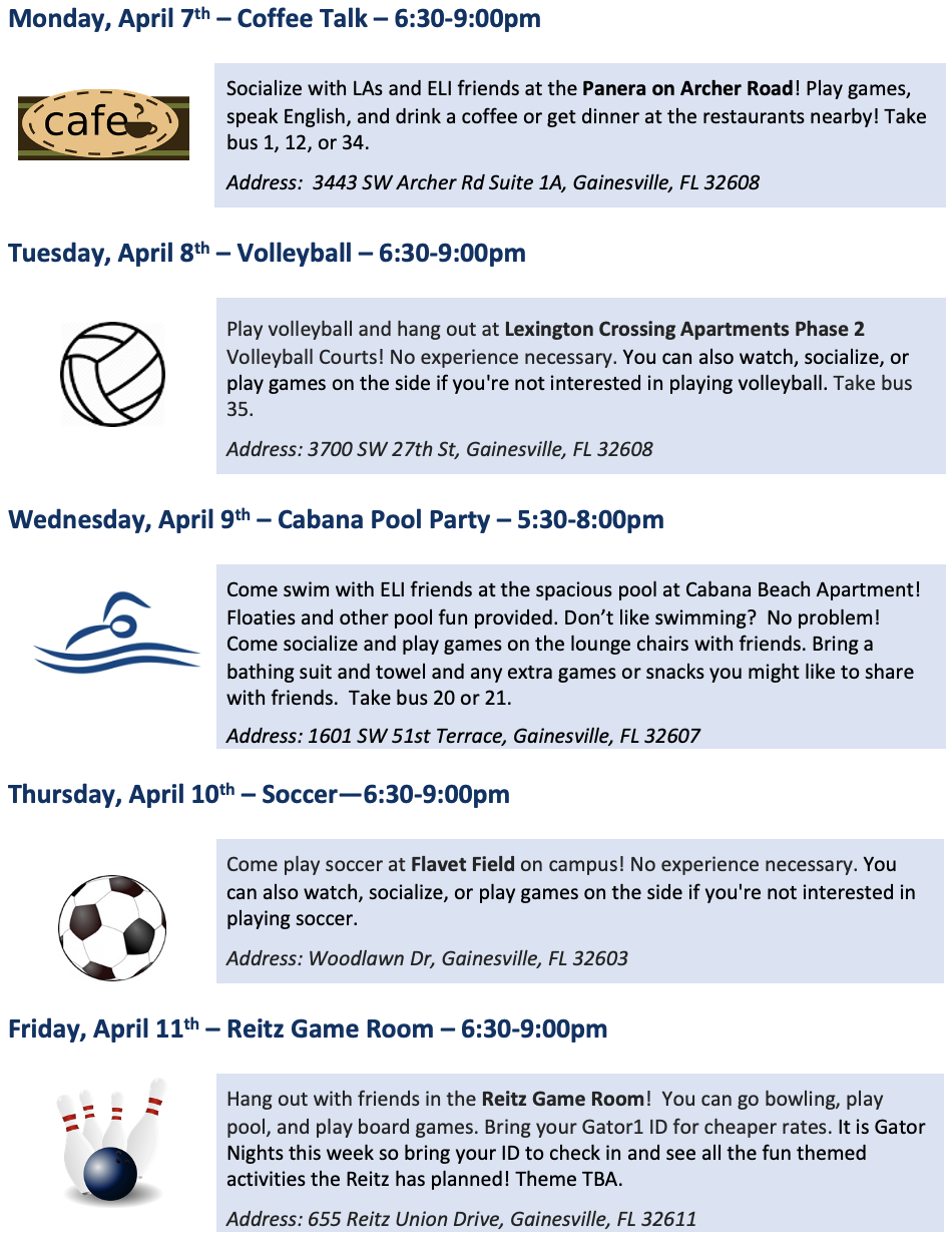 List of the weekly CIP activities